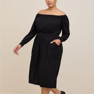 Torrid Dress 4X Black Midi Off Shoulder Super Soft Slit Side Pockets Plus Size
